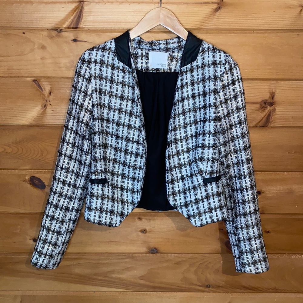 Mustard Seed tweed faux leather plaid blazer